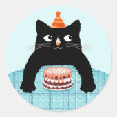 Verjaardag kat wit Verjaardagstaart en hoed Vierka Ronde Sticker (Voorkant)