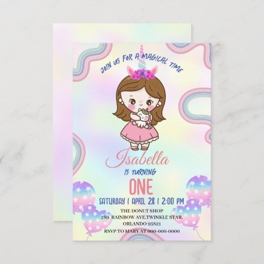 Verjaardag kawaii regenboog eenhoorn Party voor me Bedankkaart (Voorkant / Achterkant)