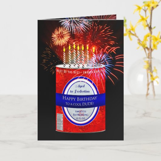 Verjaardag, Kerel, Blikje Bier, Vuurwerk Kaart (Gele Bloem)
