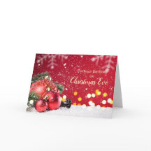 Verjaardag, kerstavond - rode kerstballen, sparren