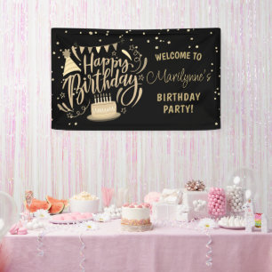 Verjaardag kind zwart gouden glitters welkom spandoek