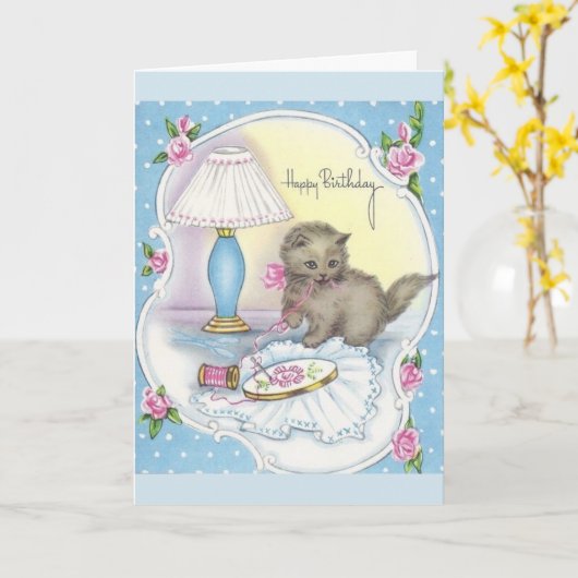  Verjaardag - Kitten & Borduurgaren, Kaart (Gele Bloem)
