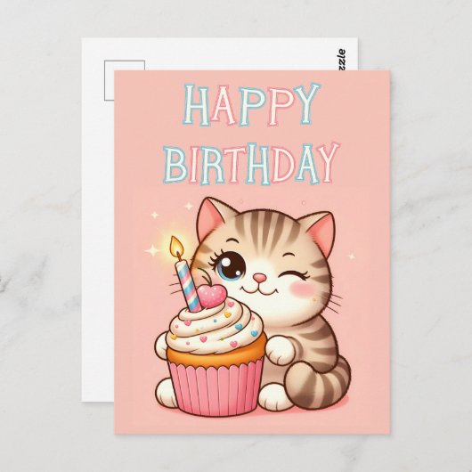 Verjaardag kitten cupcake ansichtkaart briefkaart (Voorkant / Achterkant)