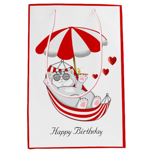 Verjaardag Kitten in Rood & Wit Hangmat Midden Ges Medium Cadeauzakje (Voorkant)
