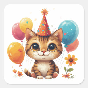 Verjaardag Kitten Met Ballonnen En Bloemen Schatti Vierkante Sticker