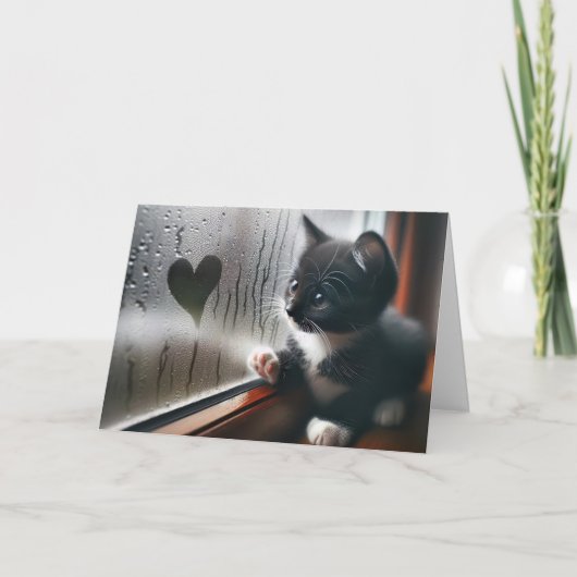 Verjaardag Kitten Met Hart Voor Venster Kaart (Voorkant)