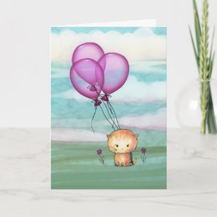 Verjaardag Kitten met Paarse Ballonnen Kaart