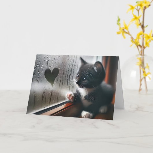 Verjaardag kitten met raam hart kaart (Gele Bloem)