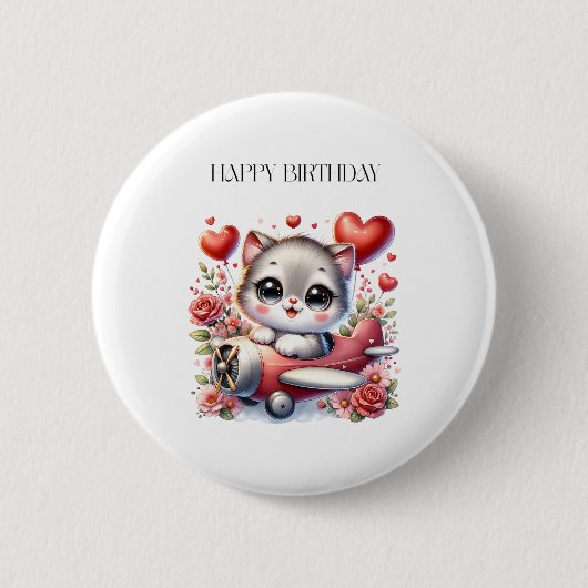 Verjaardag Kitten Piloot Ronde Button 5,7 Cm (Voorkant)