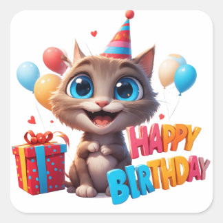 Verjaardag Kitty Met Cadeau Doos 🐱 Vierkante Sticker