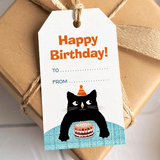 Verjaardag kleine kat met roze cake en ballonnen cadeaulabel