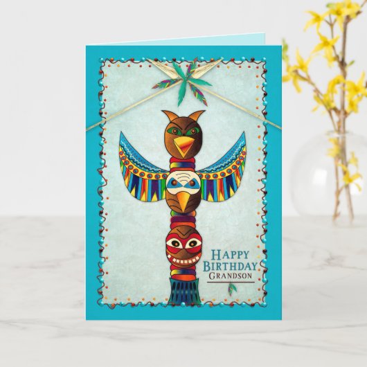 Verjaardag, kleinzoon, American Indian Totem Pole, Kaart (Gele Bloem)