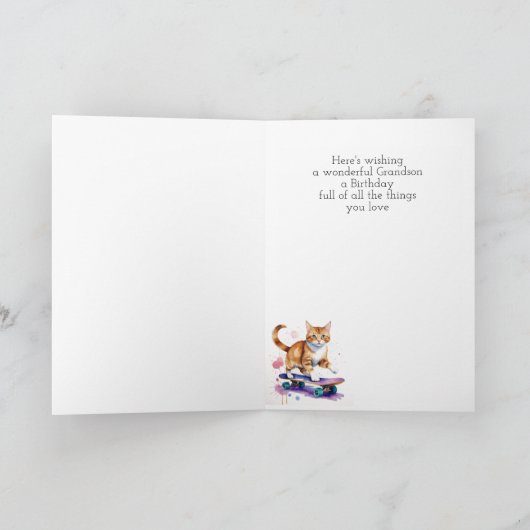 Verjaardag kleinzoon Leuke Schattigee kat op skate Kaart (Binnen)