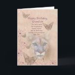 Verjaardag, kleinzoon, poema en vlinders kaart<br><div class="desc">De gestage groene ogen van een poema staren uit een achtergrond van gedempte perzik en roze. Vlinders en bloemen versieren de rand van het afbeelding. Met de belangrijkste delen van het afbeelding vervaagd in de achtergrond, het algehele uiterlijk is zacht en dromerig, wat in tegenstelling is tot de felheid van...</div>