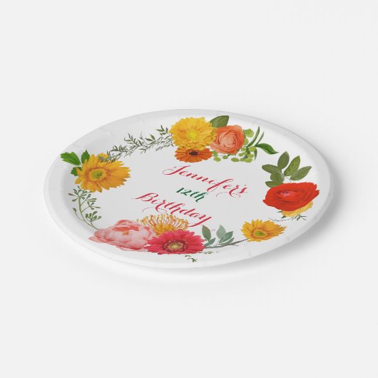 Verjaardag Kleurrijke Floral krans Papieren Bordje (Gekanteld)