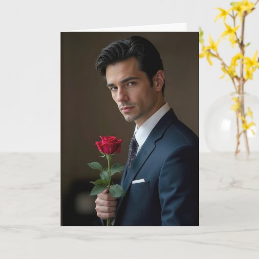 Verjaardag knap Man met een rode roos Kaart (Gele Bloem)