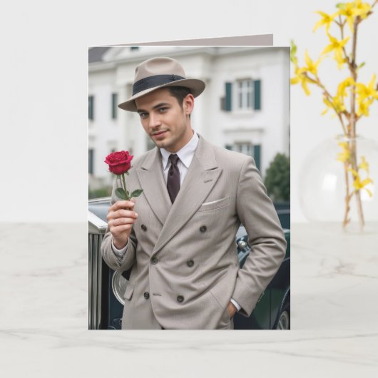 Verjaardag Knappe Man Houdt een Rode Roos Vast Kaart (Gele Bloem)