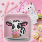 Verjaardag Koe met cupcake op roze Papieren Bordje (Feest)