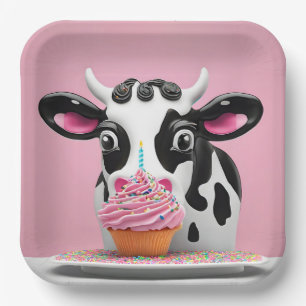 Verjaardag Koe met cupcake op roze Papieren Bordje