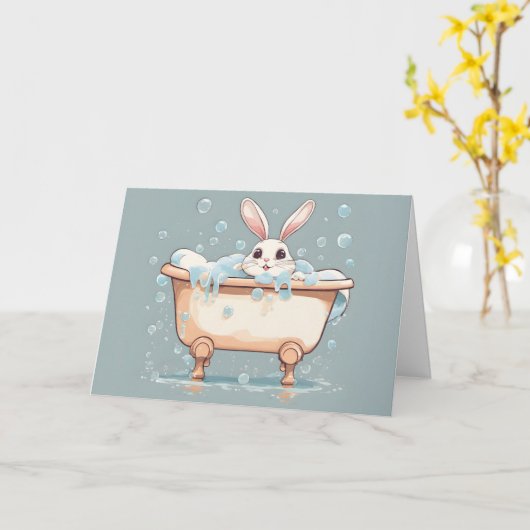 Verjaardag konijn in bubbelbad kaart (Gele Bloem)