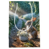 Verjaardag konijn met een mand van witte madeliefj medium cadeauzakje (Voorkant)