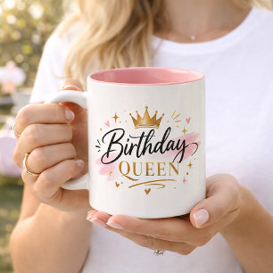 Verjaardag Koningin Elegant Schrift met Gouden Kro Tweekleurige Koffiemok