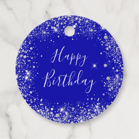 Verjaardag koningsblauw zilver glitter stof monogr bedankjes labels (Voorkant)