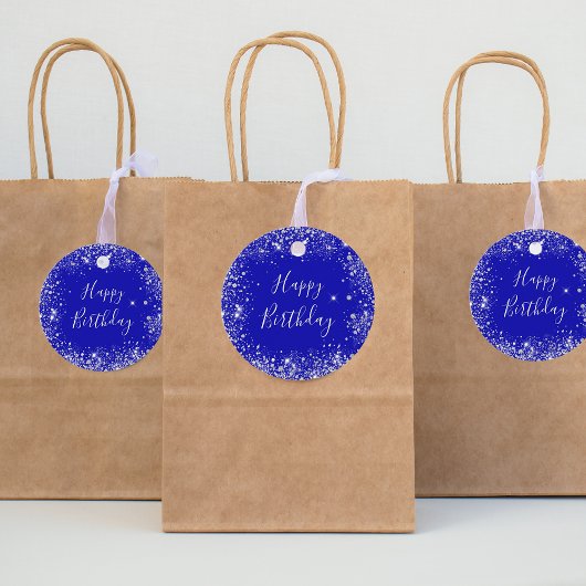 Verjaardag koningsblauw zilver glitter stof monogr bedankjes labels
