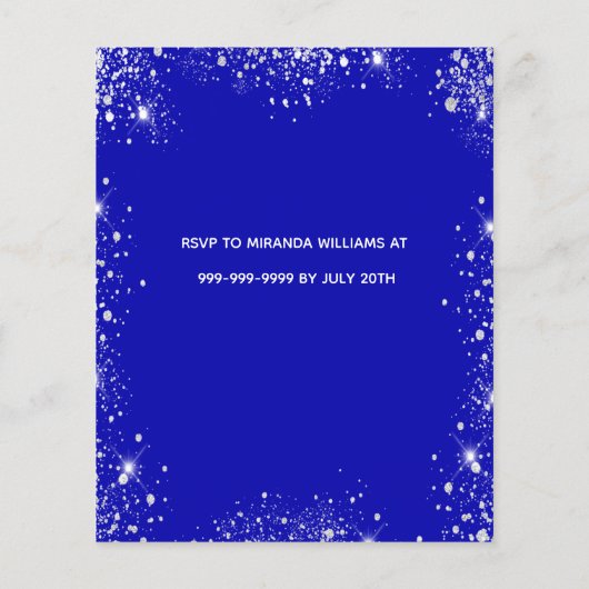 Verjaardag koninklijk blauw zilver uitnodiging (Achterkant)