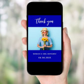 Verjaardag koninklijke blauwe foto dank u kaart