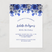 Verjaardag koninklijke blauwe witte bloemen uitnodiging briefkaart (Voorkant)