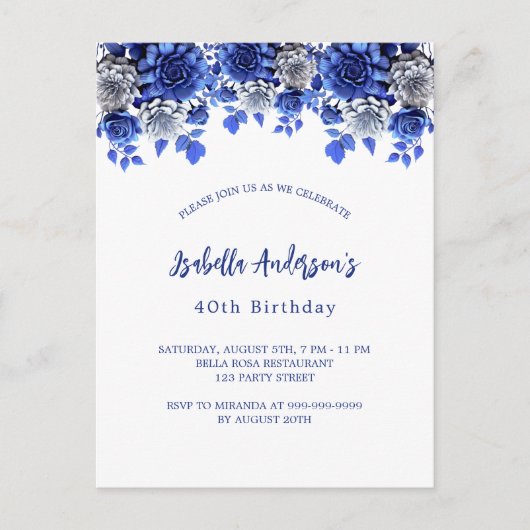 Verjaardag koninklijke blauwe witte bloemen uitnodiging briefkaart (Voorkant)