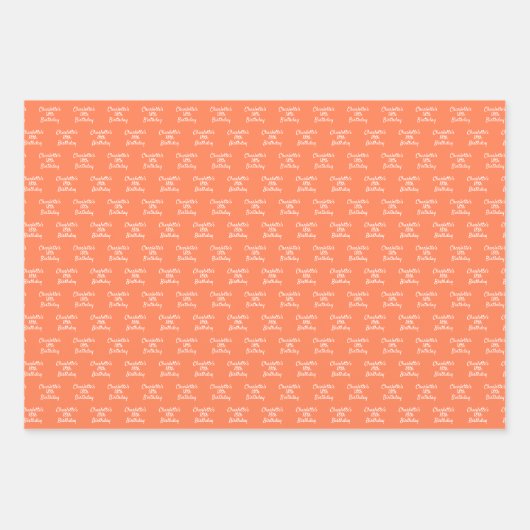 Verjaardag koraal oranje naam script inpakpapier vel (Voorkant 3)