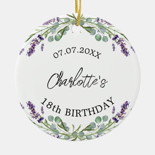 Verjaardag lavendel violette bloemen naam keramisch ornament (Voorkant)