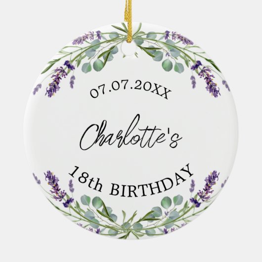 Verjaardag lavendel violette bloemen naam keramisch ornament (Achterkant)