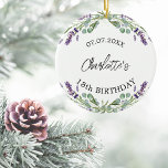 Verjaardag lavendel violette bloemen naam keramisch ornament<br><div class="desc">Een witte achtergrond versierd met violette lavendel bloemen en eucalyptus groen. Personaliseer en voeg jouw namen en een datum toe. Zwarte tekst.</div>