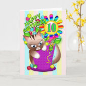 Verjaardag - Leeftijd 10 - Kitty Cat Celebrating Kaart (Gele Bloem)