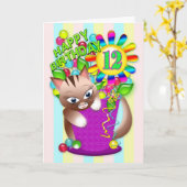Verjaardag - Leeftijd 12 - Kitty Cat Celebrating Kaart (Gele Bloem)