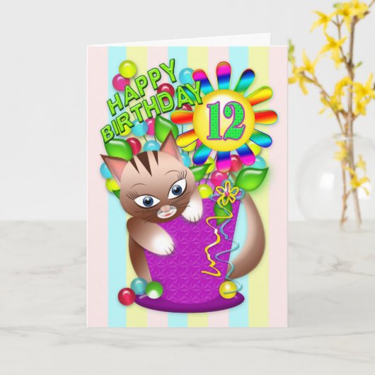 Verjaardag - Leeftijd 12 - Kitty Cat Celebrating Kaart (Gele Bloem)