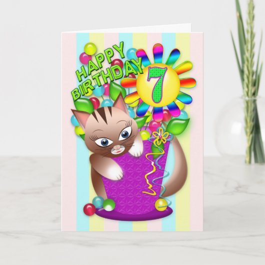 Verjaardag - Leeftijd 7 - Kitty Cat Celebrating Kaart (Voorkant)