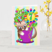 Verjaardag - Leeftijd 7 - Kitty Cat Celebrating Kaart (Gele Bloem)