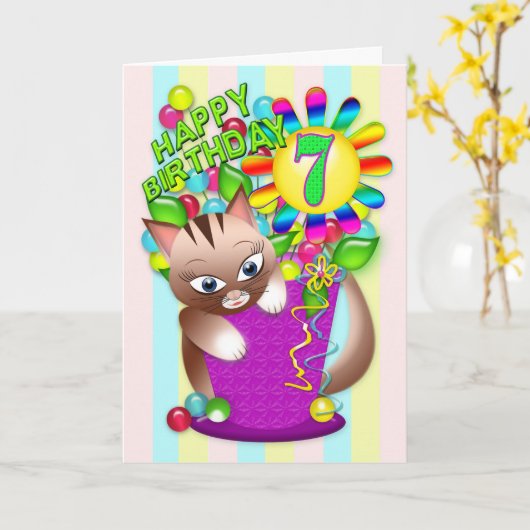 Verjaardag - Leeftijd 7 - Kitty Cat Celebrating Kaart (Gele Bloem)