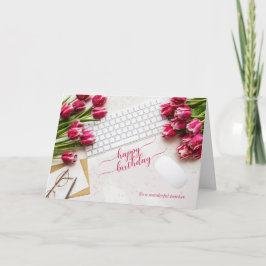 Verjaardag Leraar Roze Tulpen en Bureaublad Kaart