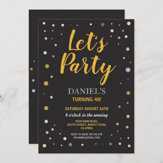 Verjaardag Let's Party Any Age Black Gold Nodig 40 Kaart (Voorkant / Achterkant)