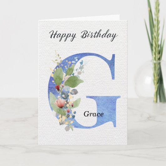 Verjaardag Letter G Aangepaste Naam Haar Blauwe Mo Kaart (Voorkant)