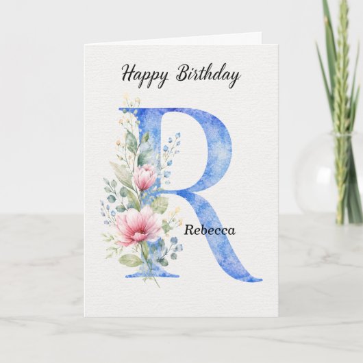 Verjaardag Letter R Naam Haar Blauwe Monogram Kaart (Voorkant)