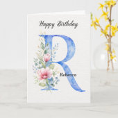 Verjaardag Letter R Naam Haar Blauwe Monogram Kaart (Gele Bloem)