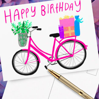 VERJAARDAG Leuk Roze Fiets Aangepast Briefkaart