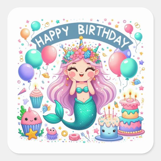 Verjaardag Leuk Zeemeermin Viert Feest  Vierkante Sticker (Voorkant)
