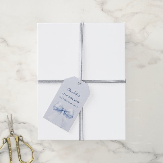 Verjaardag lichtblauwe strik doe-het-zelf handgesc cadeaulabel (Met Touw)